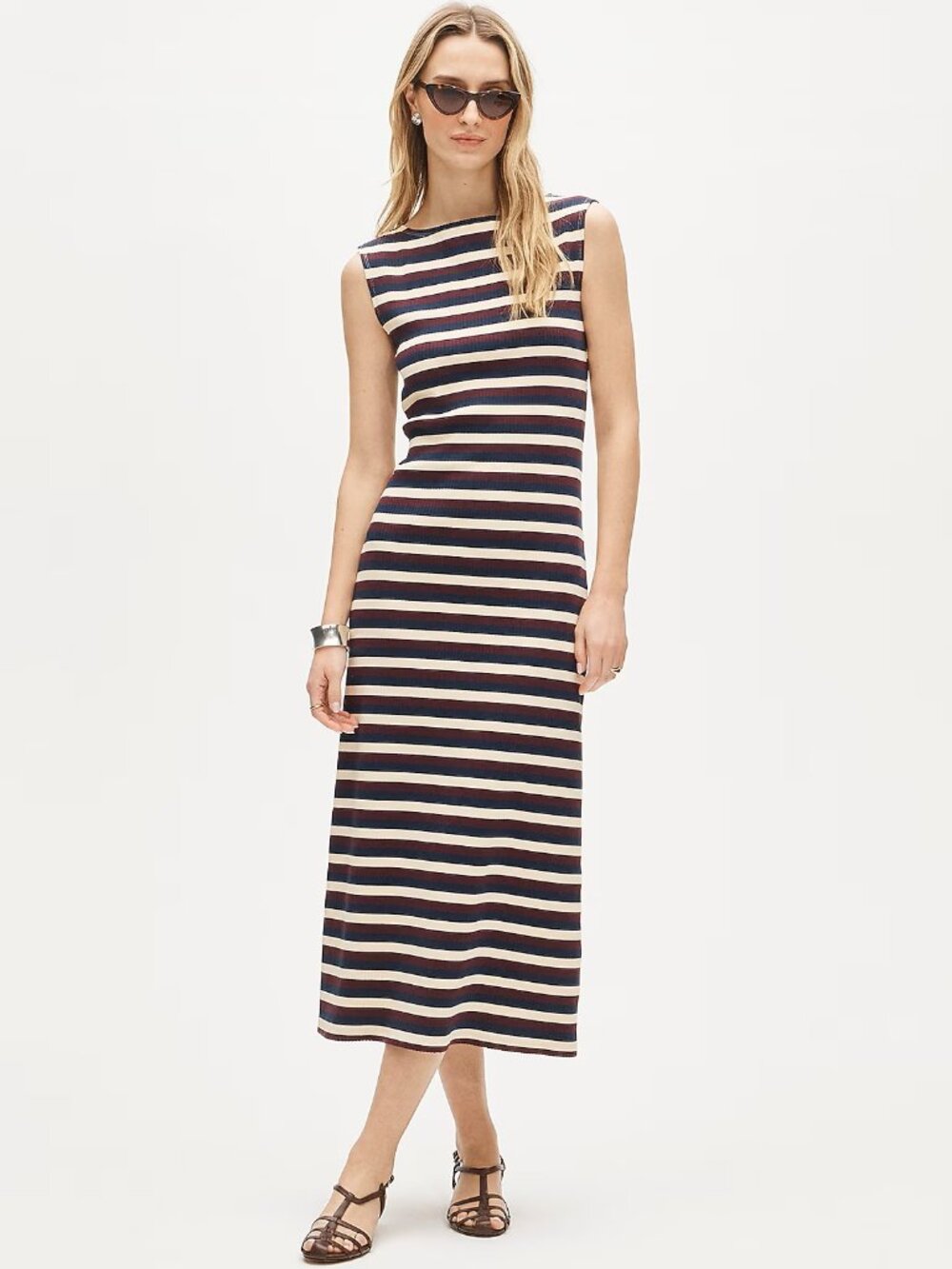 NWT J. Crew Knit Boatneck Striped Midi Dress in Cream/Wine/Navy, Small